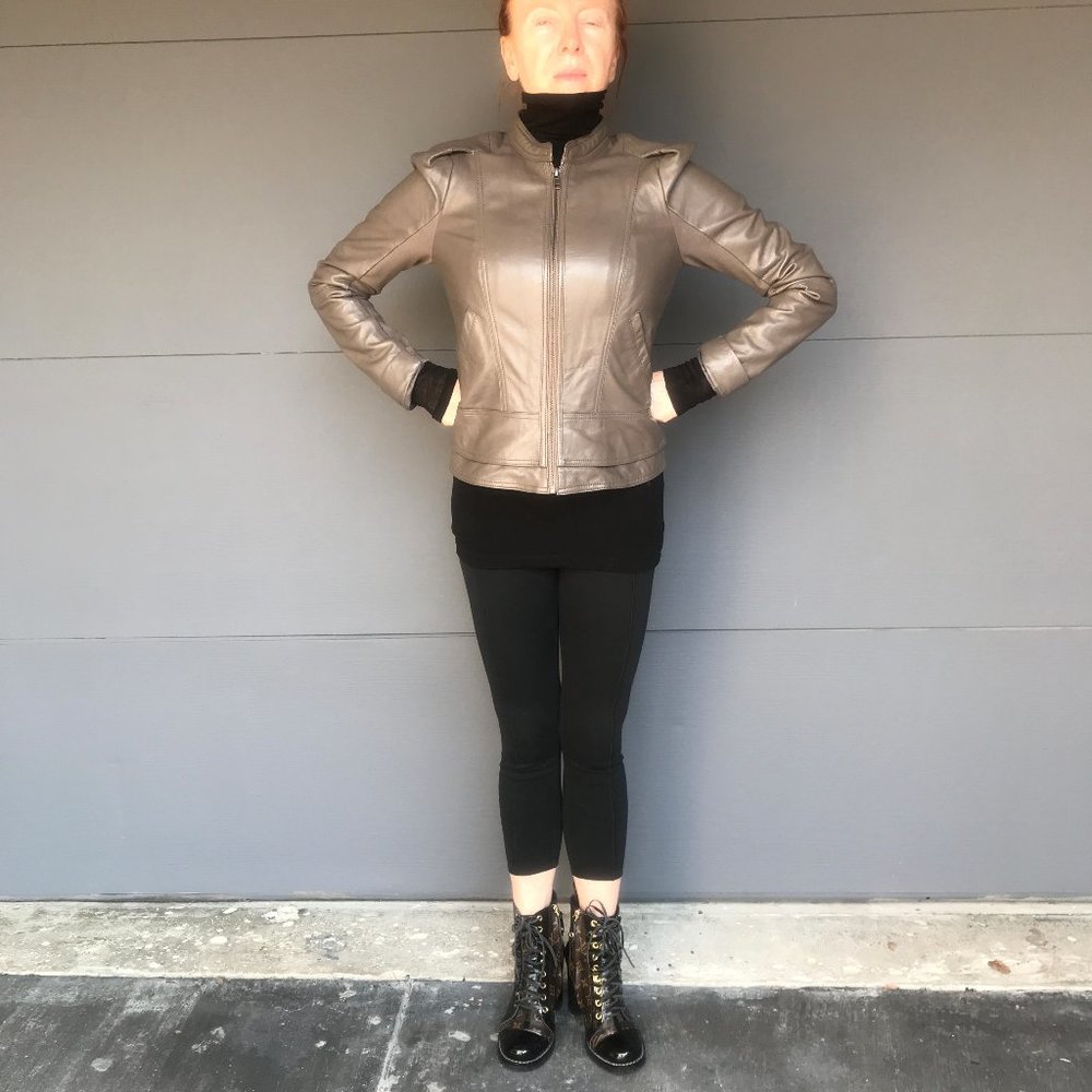 Hinge Puff Shoulder Gray fitted Leather Jacket S - Picture 3 of 12